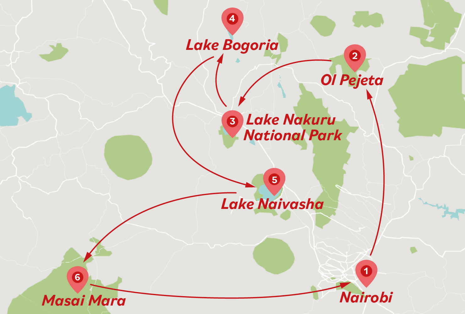 8 Days Kenya Lakes, Conservancies, and Savannah Tour Map