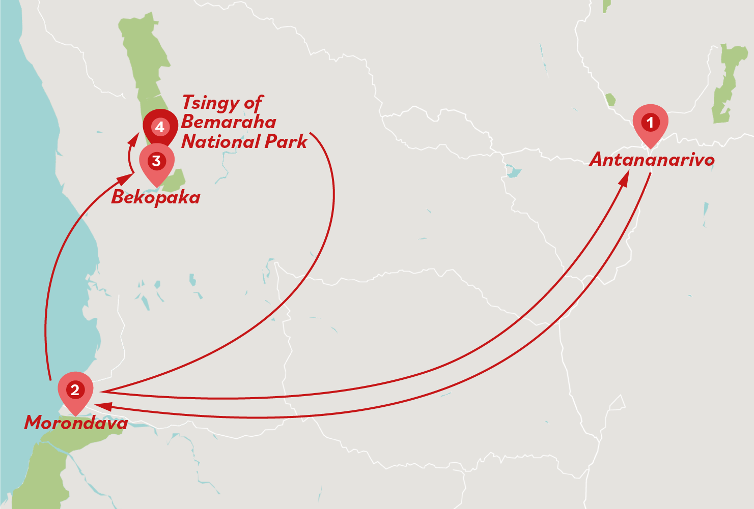 7 Days Exploring Tsingy of Bemaraha Tour Map