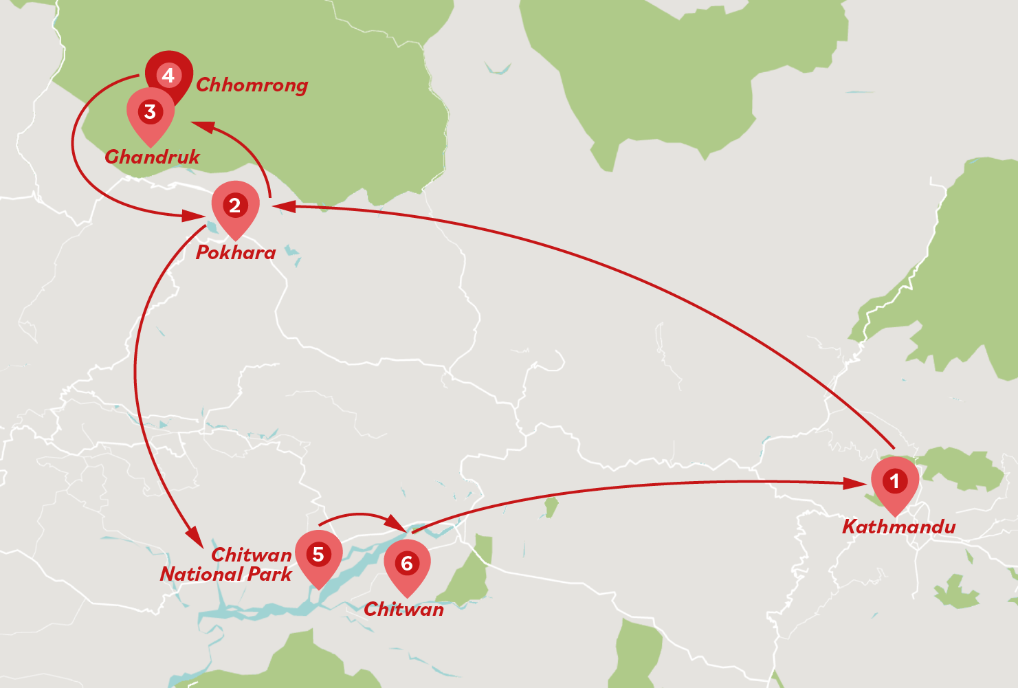 8 Days Nepal 360° Adventures Tour Map