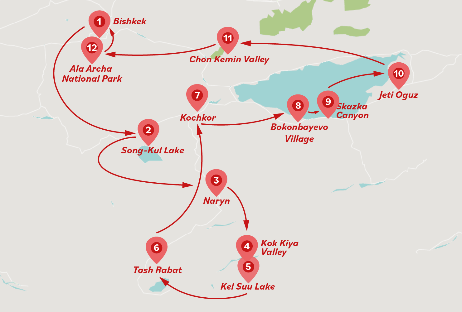 10 Days Kyrgyzstan Lakes & Nomadic Trails Tour Map