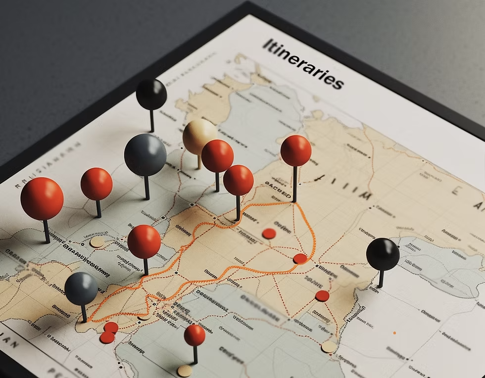 Map with pins showing itineraries