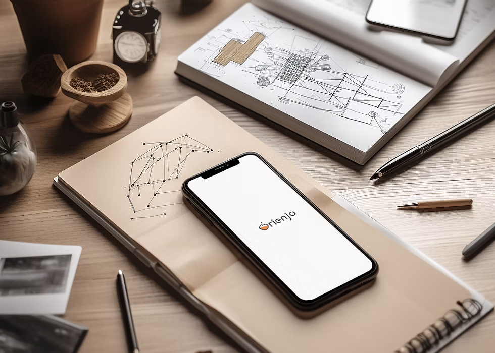 Phone displaying Orienjo app on a desk